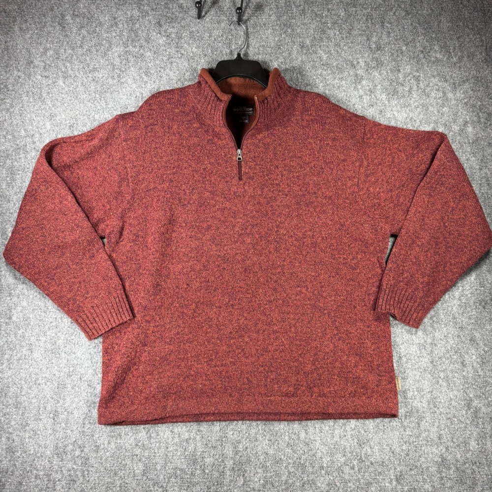 Woolrich Mens Wool Quarter Zip Sweater XL Maroon Marled Knit Fleece Lined 9013